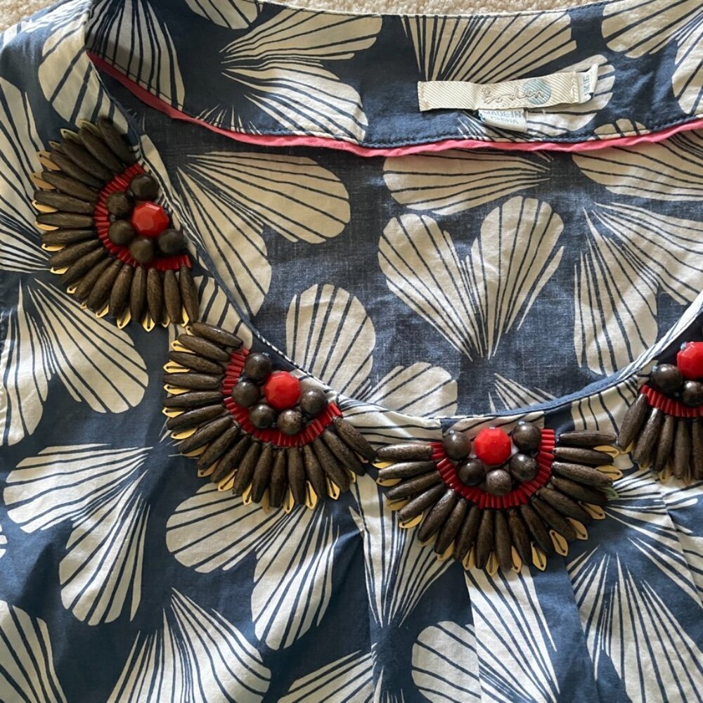 Boden sz 12 Blue Heart Sleeveless Top Wooden Bead Sequin Orange Embellished Tank - Picture 2 of 3